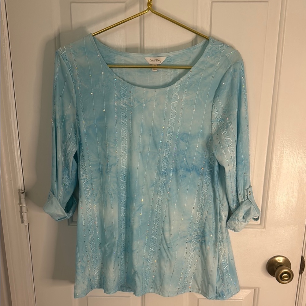 Coral Bay Light Aqua Women's Stretch Top,Roll Up Button Sleeves, Silver Sequins